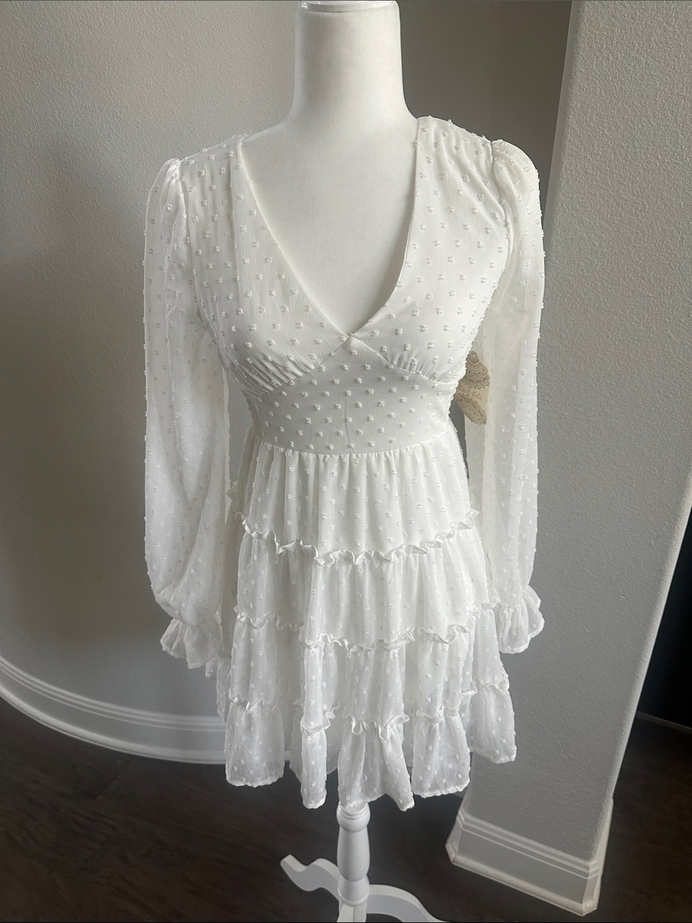 Altar’d State-White Swiss Dot Tiered Long-Sleeve Mini Dress